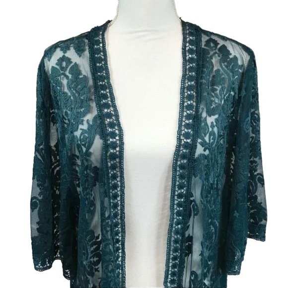 S/M Umgee Long lace open cardigan dark teal - Picture 8 of 8